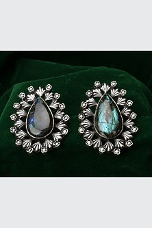 Silver Finish Kundan Polki & Labradorite Drop Earrings In Sterling Silver