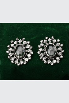 Silver Finish Kundan Polki & Onyx Drop Earrings In Sterling Silver