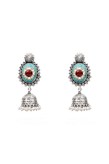 Silver Finish Kundan Polki & Turquoise Stone Drop Earrings In Sterling Silver