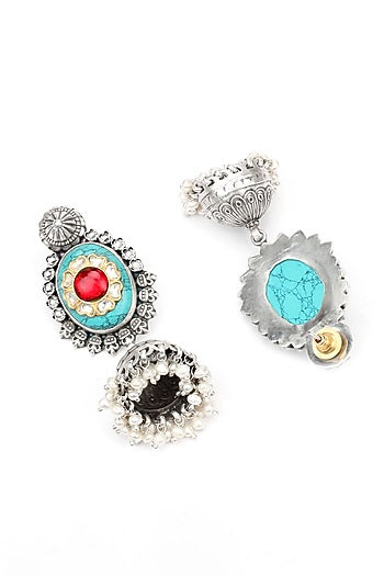 Silver Finish Kundan Polki & Turquoise Stone Drop Earrings In Sterling Silver