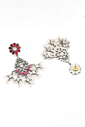 Silver Finish Kundan Polki Dangler Earrings In Sterling Silver