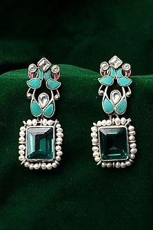 Silver Finish Kundan Polki & Blue Topaz Drop Earrings In Sterling Silver