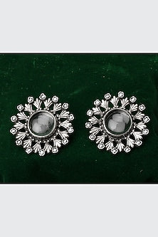 Oxidized Silver Finish White Stone & Onyx Stud Earrings In Sterling Silver