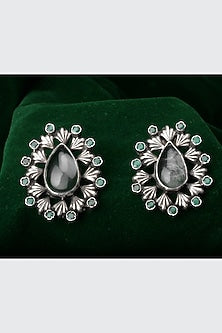 Silver Finish Labradorite & Emerald Stud Earrings In Sterling Silver