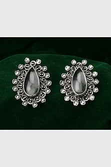 Oxidized Silver Finish Labradorite & Motif Stud Earrings In Sterling Silver