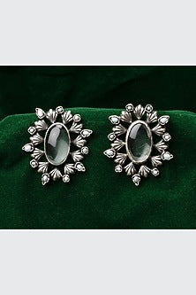 Oxidized Silver Finish Onyx Stud Earrings In Sterling Silver