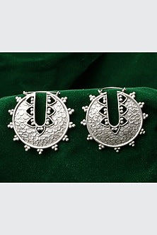 Oxidized Silver Finish Floral Motif Earrings In Sterling Silver