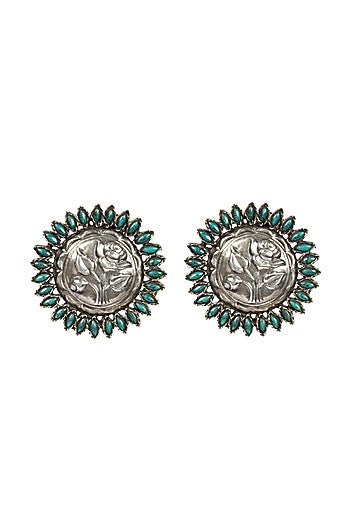 Silver Finish Turquoise Stone Stud Earrings In Sterling Silver