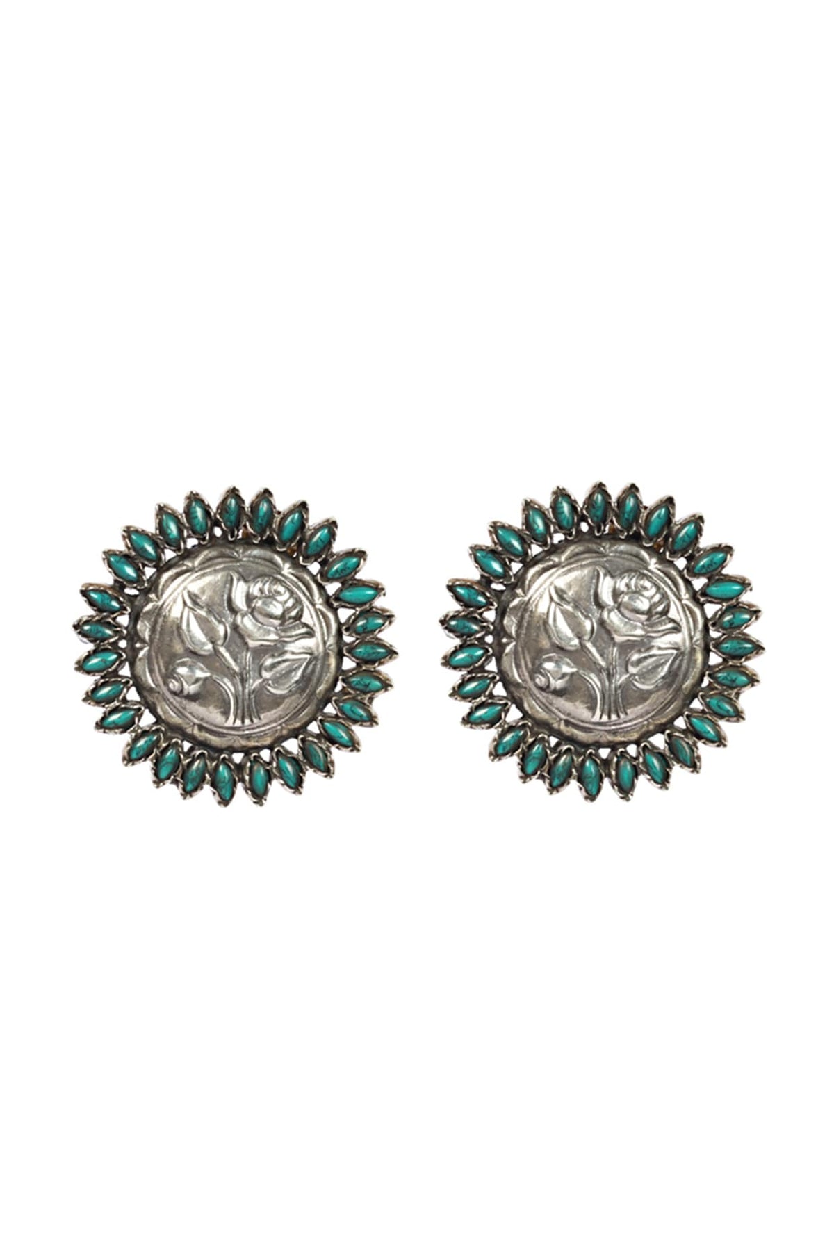 Silver Finish Turquoise Stone Stud Earrings In Sterling Silver