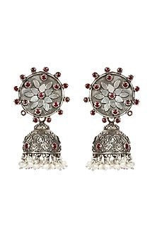 Silver Finish Ruby Stone Jhumka Earrings In Sterling Silver