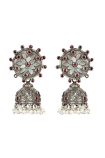 Silver Finish Ruby Stone Jhumka Earrings In Sterling Silver
