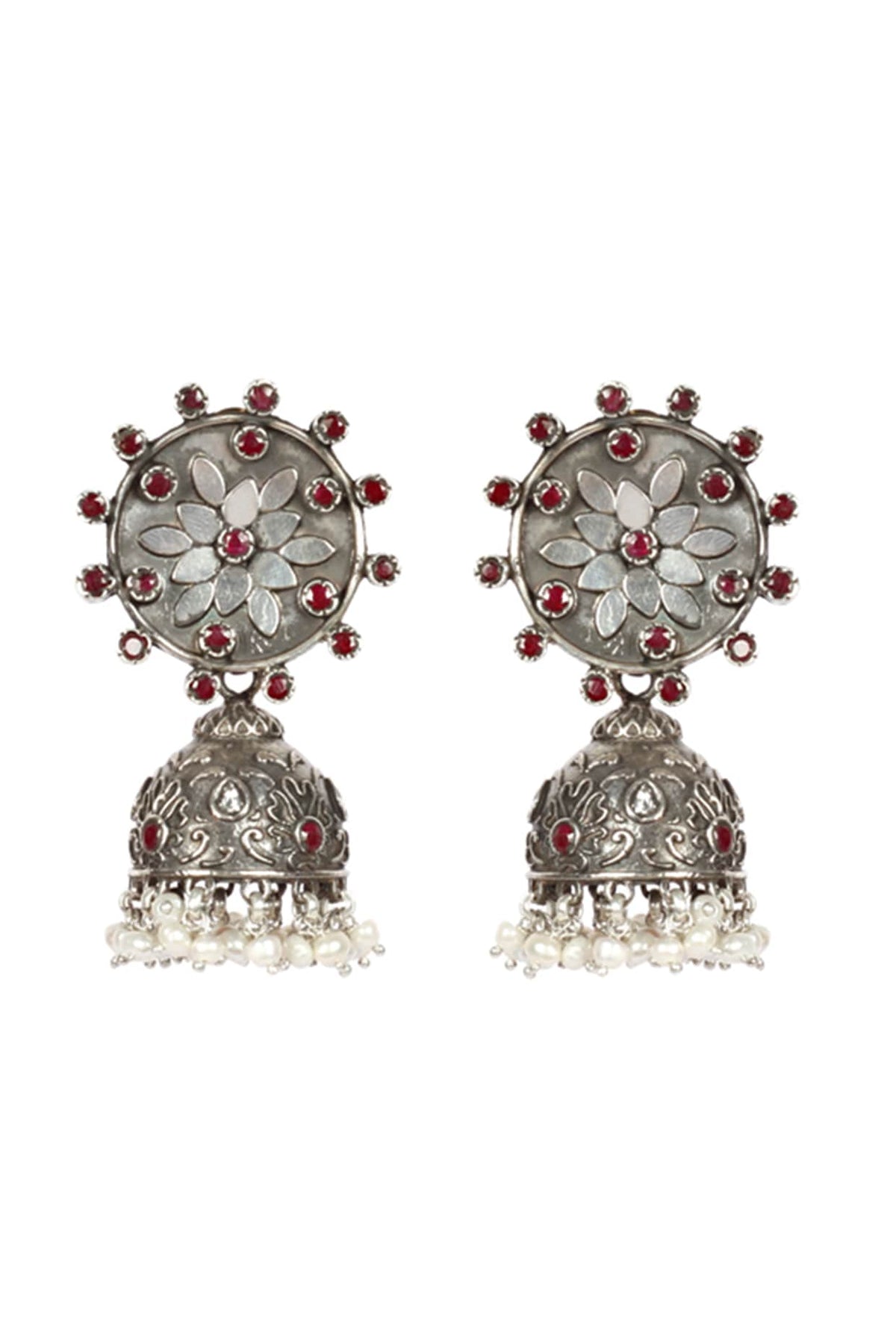 Silver Finish Ruby Stone Jhumka Earrings In Sterling Silver