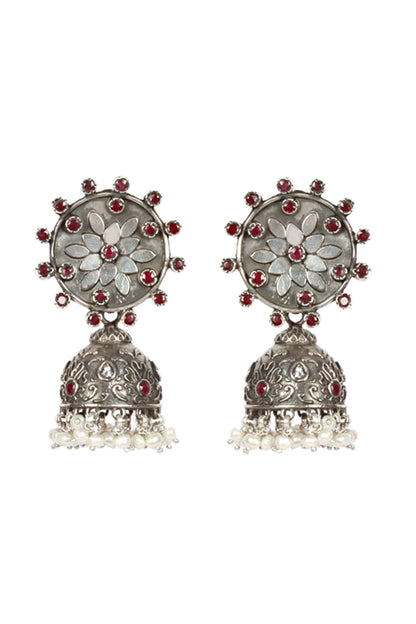 Silver Finish Ruby Stone Jhumka Earrings In Sterling Silver