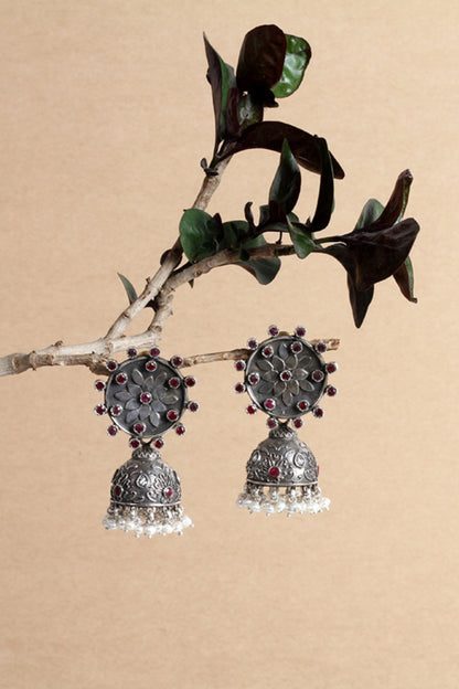 Silver Finish Ruby Stone Jhumka Earrings In Sterling Silver