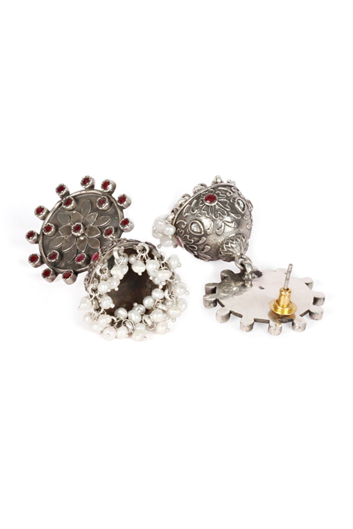 Silver Finish Ruby Stone Jhumka Earrings In Sterling Silver
