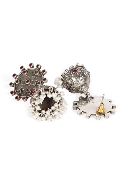 Silver Finish Ruby Stone Jhumka Earrings In Sterling Silver