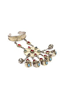 Gold Finish Turquoise & Ruby Stone Hand Harness In Sterling Silver