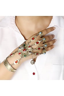 Gold Finish Turquoise & Ruby Stone Hand Harness In Sterling Silver