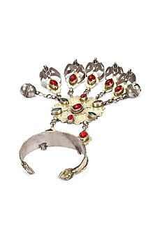 Gold Finish Turquoise & Ruby Stone Hand Harness In Sterling Silver