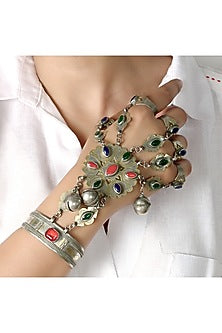 Gold Finish Multi-Colored Stone Hand Harness In Sterling Silver