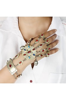 Gold Finish Multi-Colored Stone Hand Harness In Sterling Silver