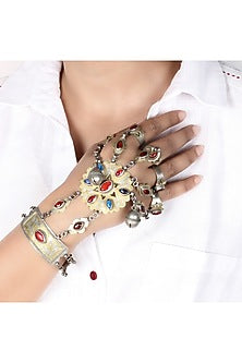 Gold Finish Multi-Colored Stone Hand Harness In Sterling Silver