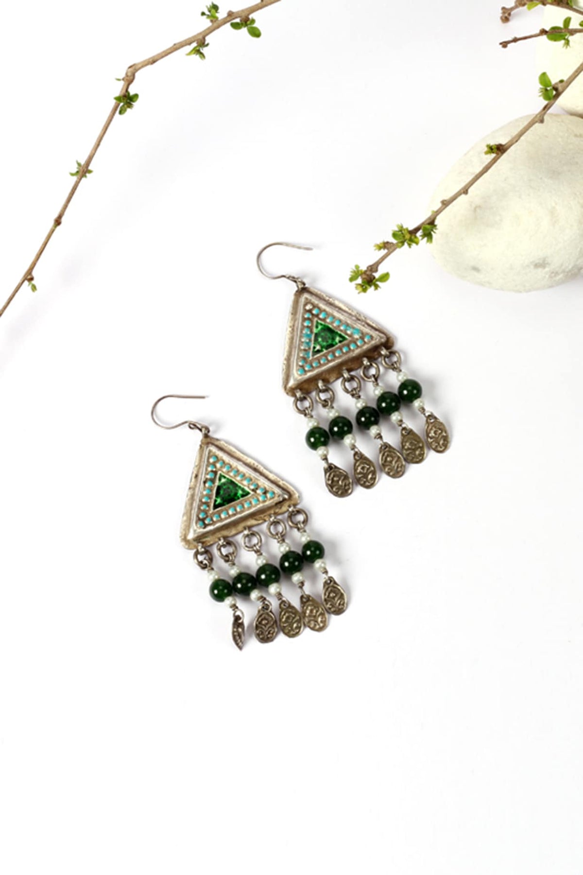 Silver Finish Green Pearl Dangler Earrings In Sterling Silver
