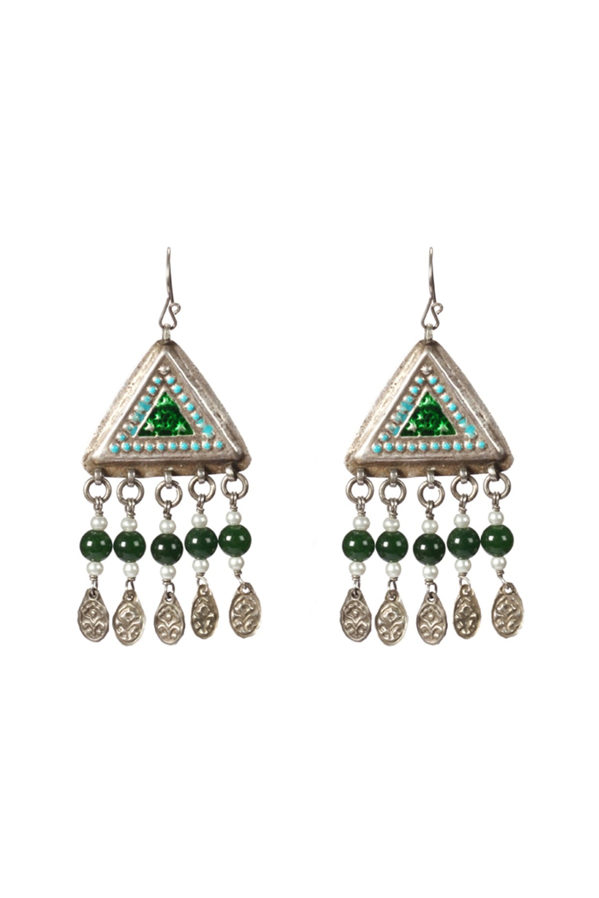 Silver Finish Green Pearl Dangler Earrings In Sterling Silver