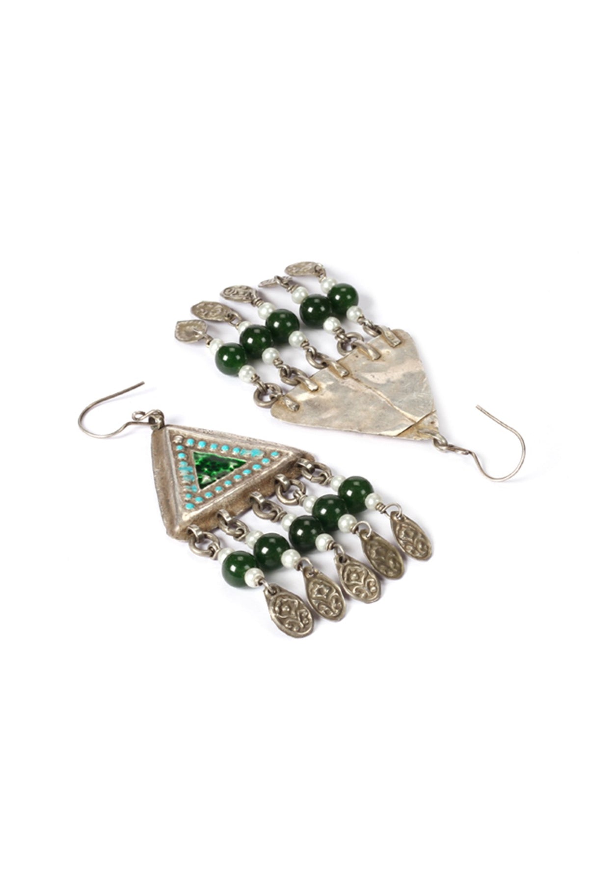 Silver Finish Green Pearl Dangler Earrings In Sterling Silver