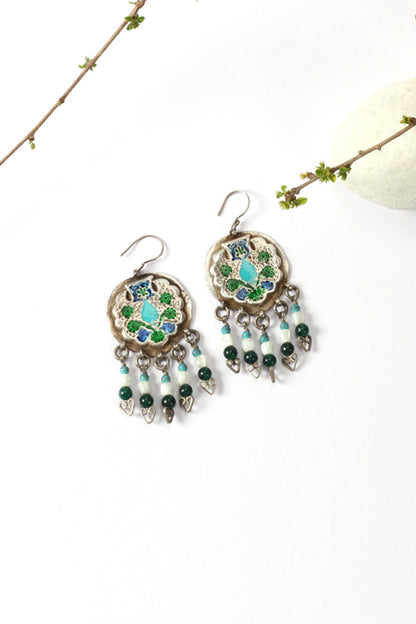Silver Finish Turquoise & Green Stone Dangler Earrings In Sterling Silver