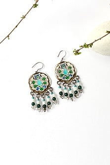 Silver Finish Turquoise & Green Stone Dangler Earrings In Sterling Silver