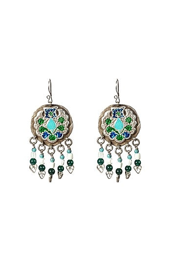 Silver Finish Turquoise & Green Stone Dangler Earrings In Sterling Silver