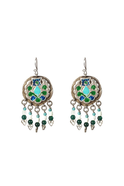 Silver Finish Turquoise & Green Stone Dangler Earrings In Sterling Silver