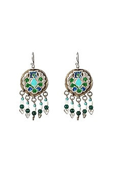 Silver Finish Turquoise & Green Stone Dangler Earrings In Sterling Silver