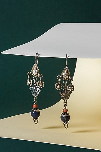 Silver Finish Multi-Colored Bead Dangler Earrings In Sterling Silver