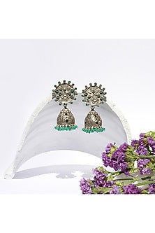 Silver Oxidised Finish Green Onyx Dangler Earrings In Sterling Silver