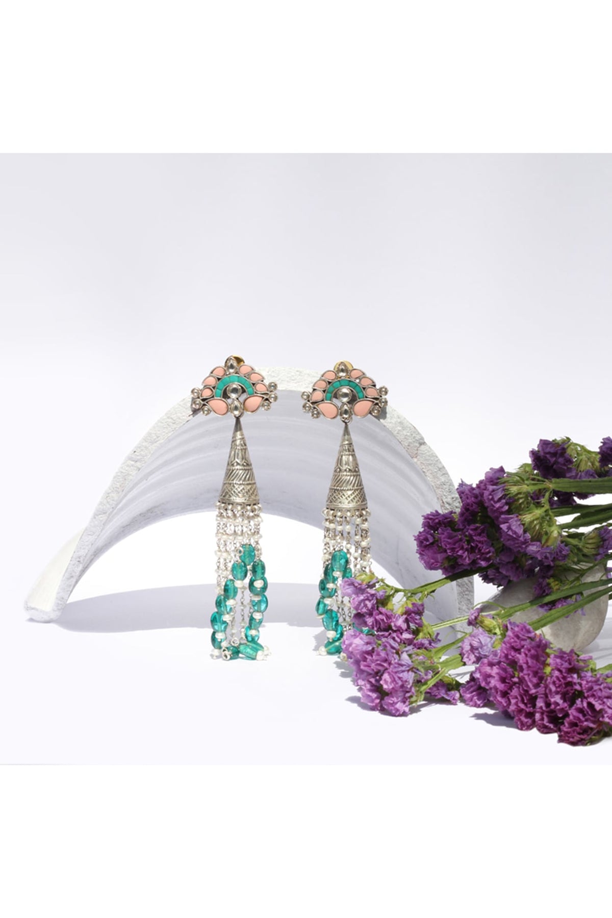 Silver Oxidised Finish Green Onyx Dangler Earrings In Sterling Silver
