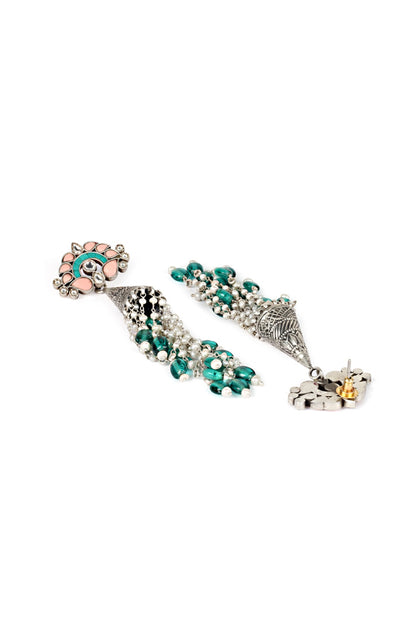 Silver Oxidised Finish Green Onyx Dangler Earrings In Sterling Silver