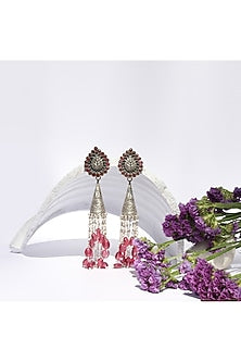 Silver Oxidised Finish Red Ruby Dangler Earrings In Sterling Silver