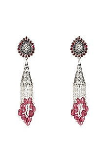 Silver Oxidised Finish Red Ruby Dangler Earrings In Sterling Silver