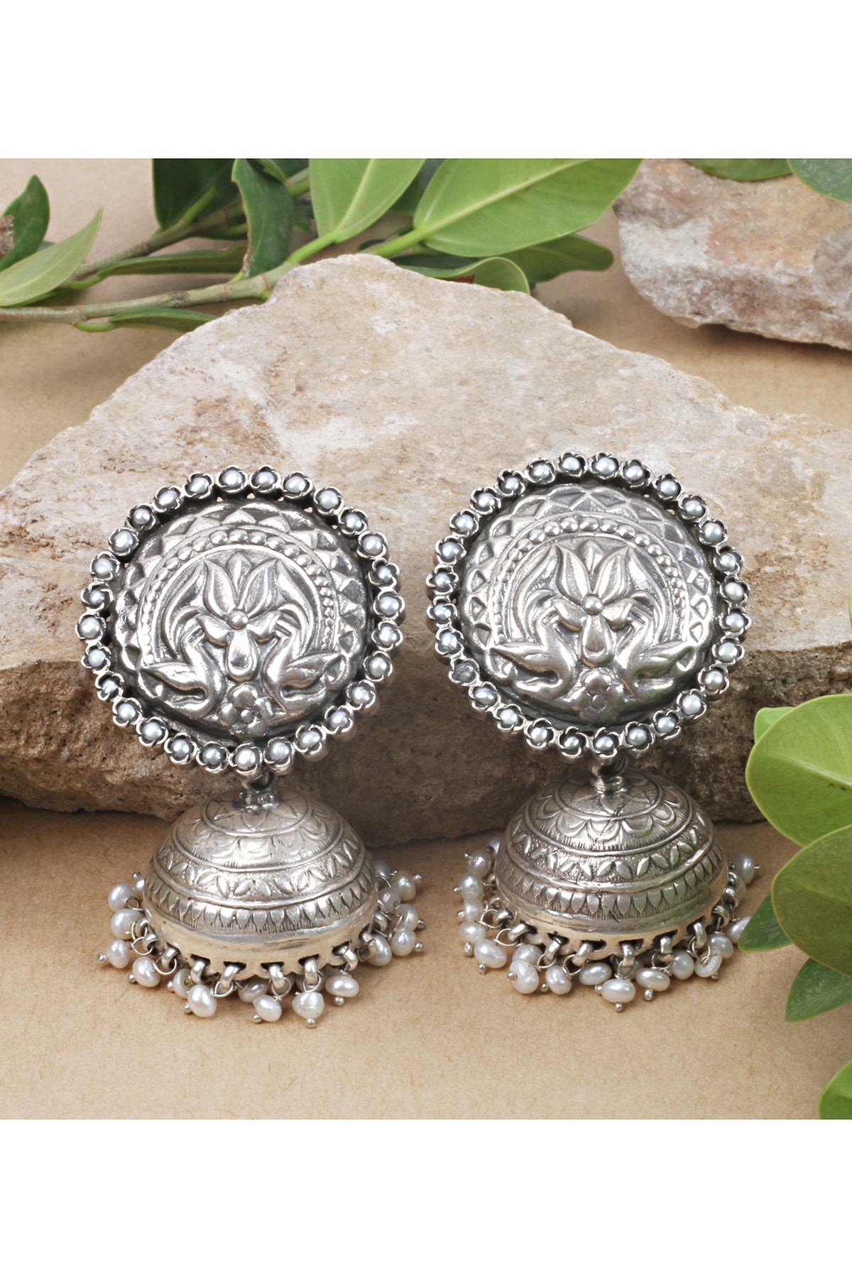 Silver Finish Handcrafted Stud Earrings In Sterling Silver