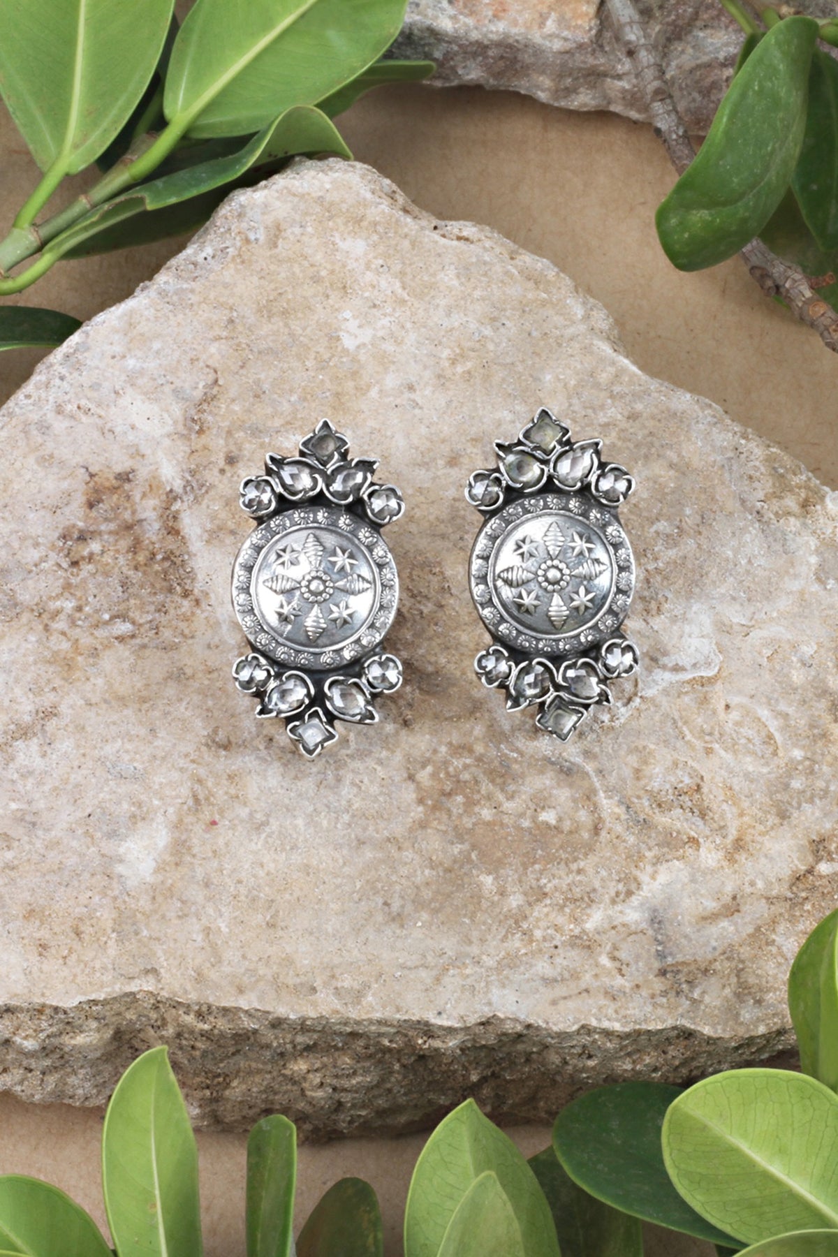 Silver Finish Handcrafted Stud Earrings In Sterling Silver