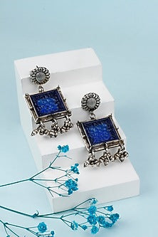 Black Rhodium Finish Blue Carved Stone Dangler Earrings