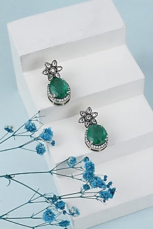 Black Rhodium Finish Kundan & Green Onyx Drop Earrings