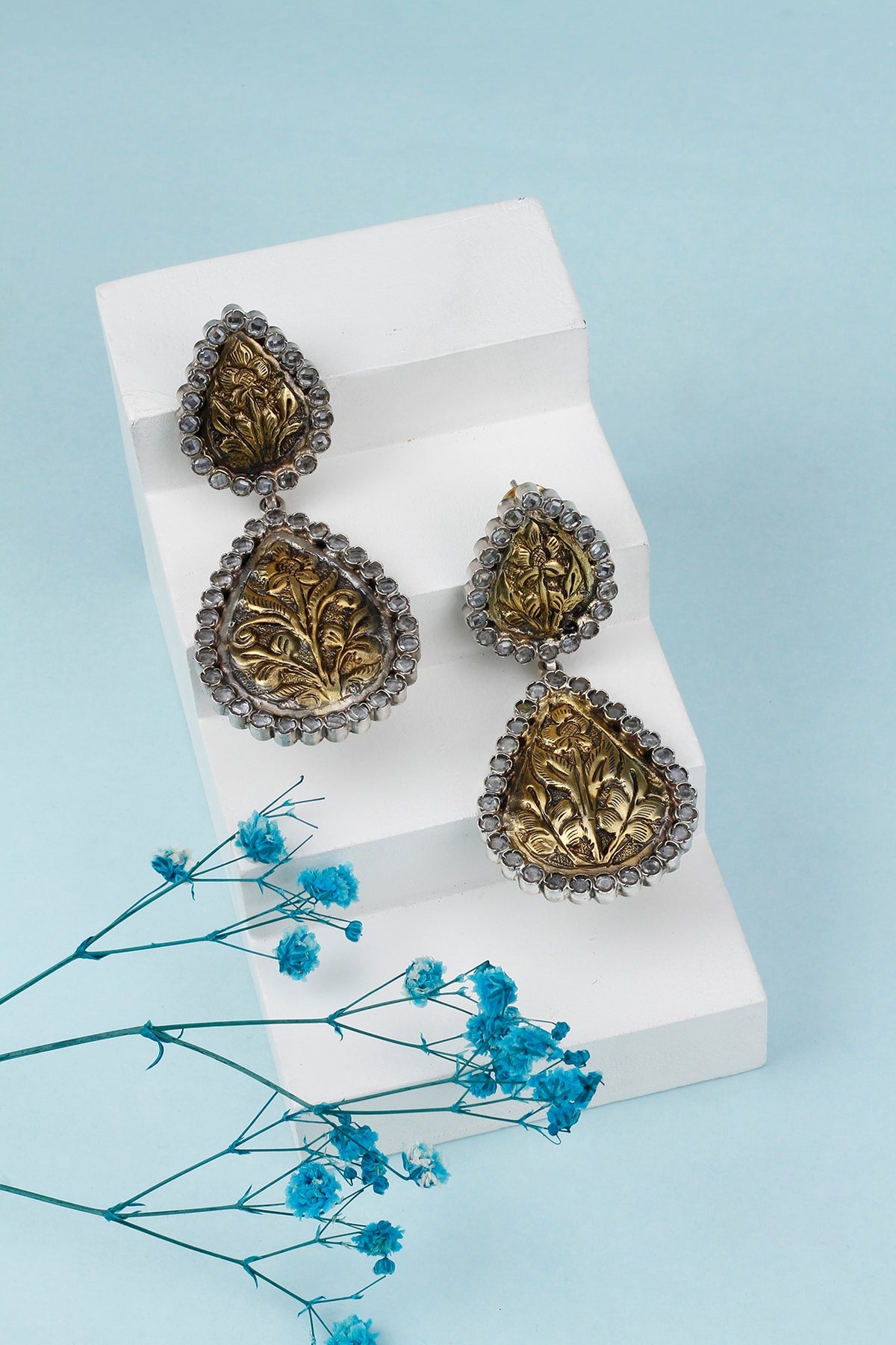 Gold Plated Checkered Stone Dangler Earrings