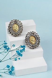 Gold Plated Checkered Stone Stud Earrings
