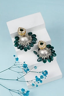 Two Tone Finish Kundan & Faux Emerald Jhumka Earrings