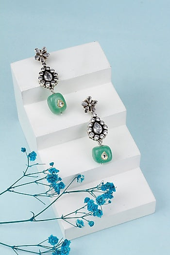 Black Rhodium Finish Kundan & Green Onyx Dangler Earrings