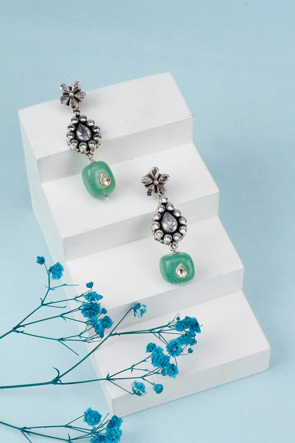 Black Rhodium Finish Kundan & Green Onyx Dangler Earrings