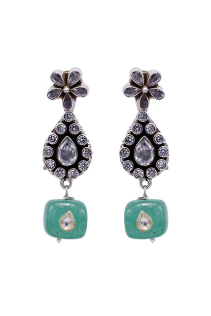 Black Rhodium Finish Kundan & Green Onyx Dangler Earrings